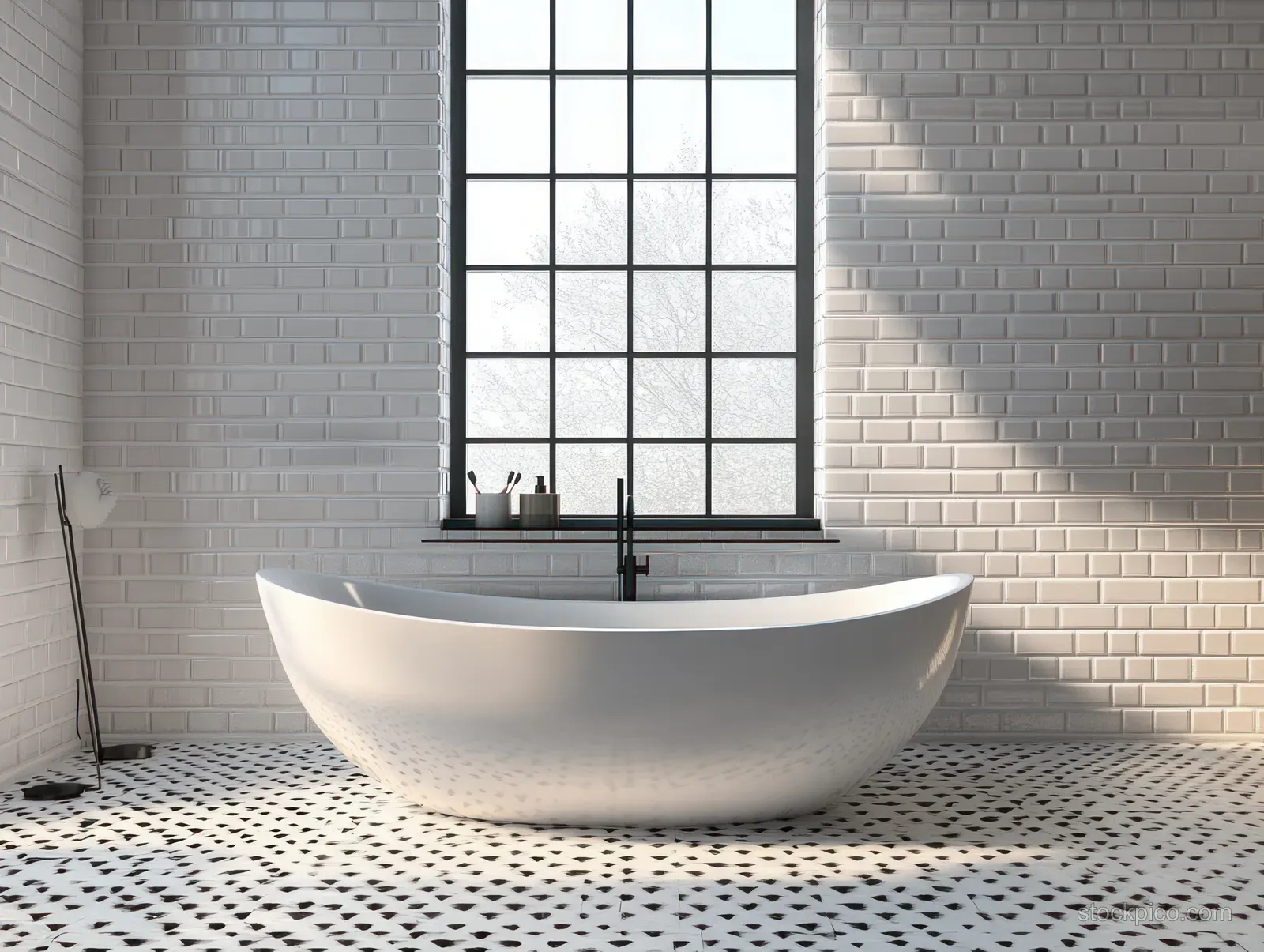 White freestanding bathtub centered in a minimalist Scandinavian bathroom lit by a large grid window.