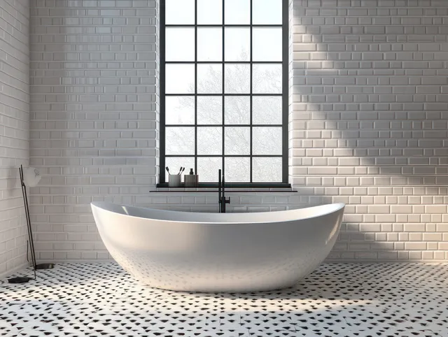 White freestanding bathtub centered in a minimalist Scandinavian bathroom lit by a large grid window.