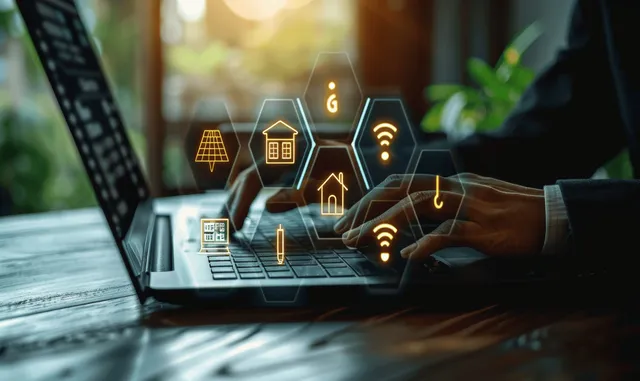 A hand taps a laptop showing floating solar, home, and power icons for energy-efficient sustainable housing.