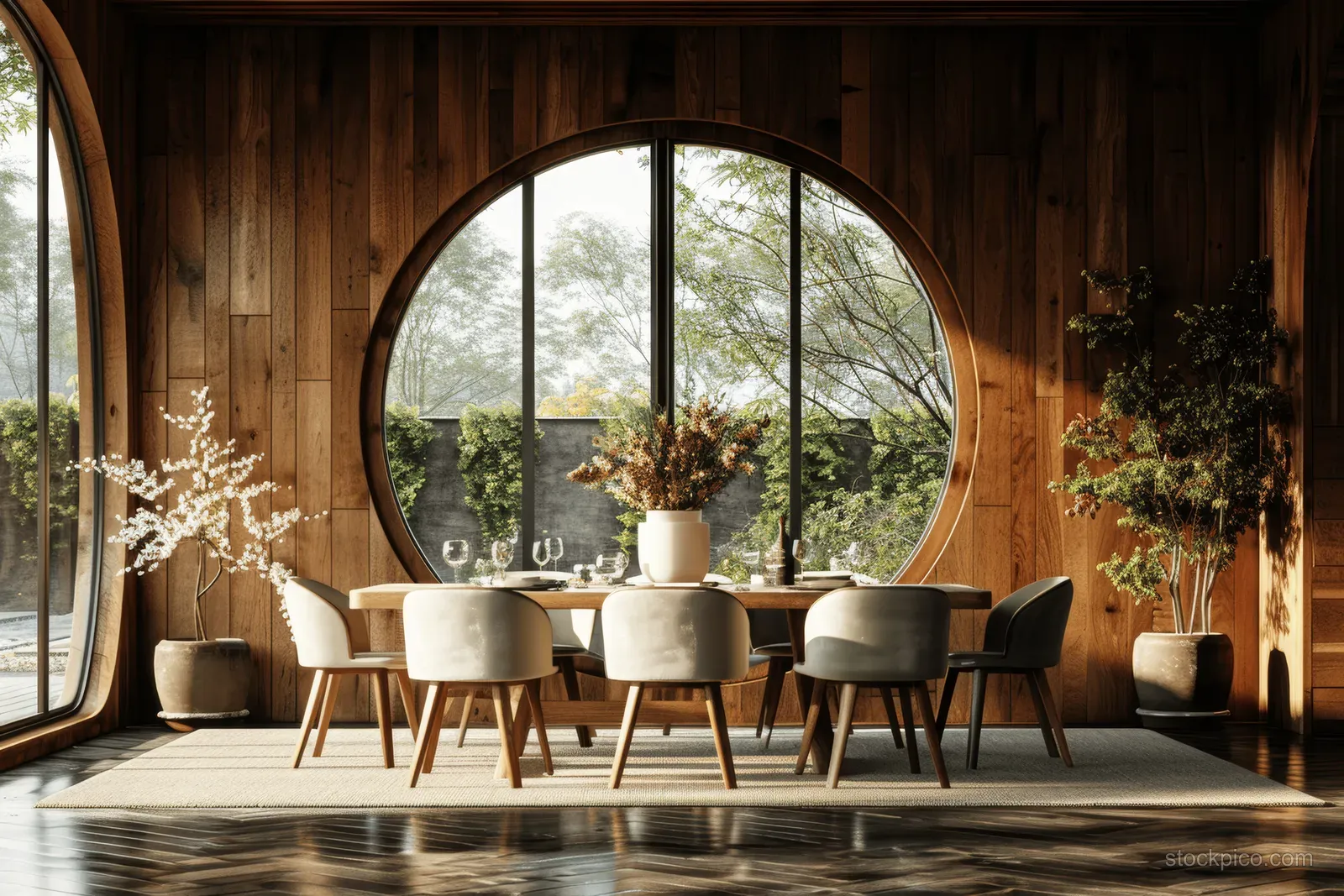 Dining table with four chairs in a warm wooden room, lit by a large arched window.