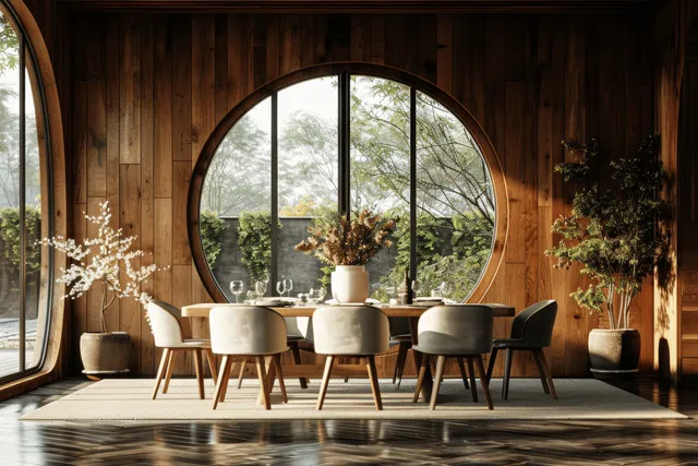 Dining table with four chairs in a warm wooden room, lit by a large arched window.