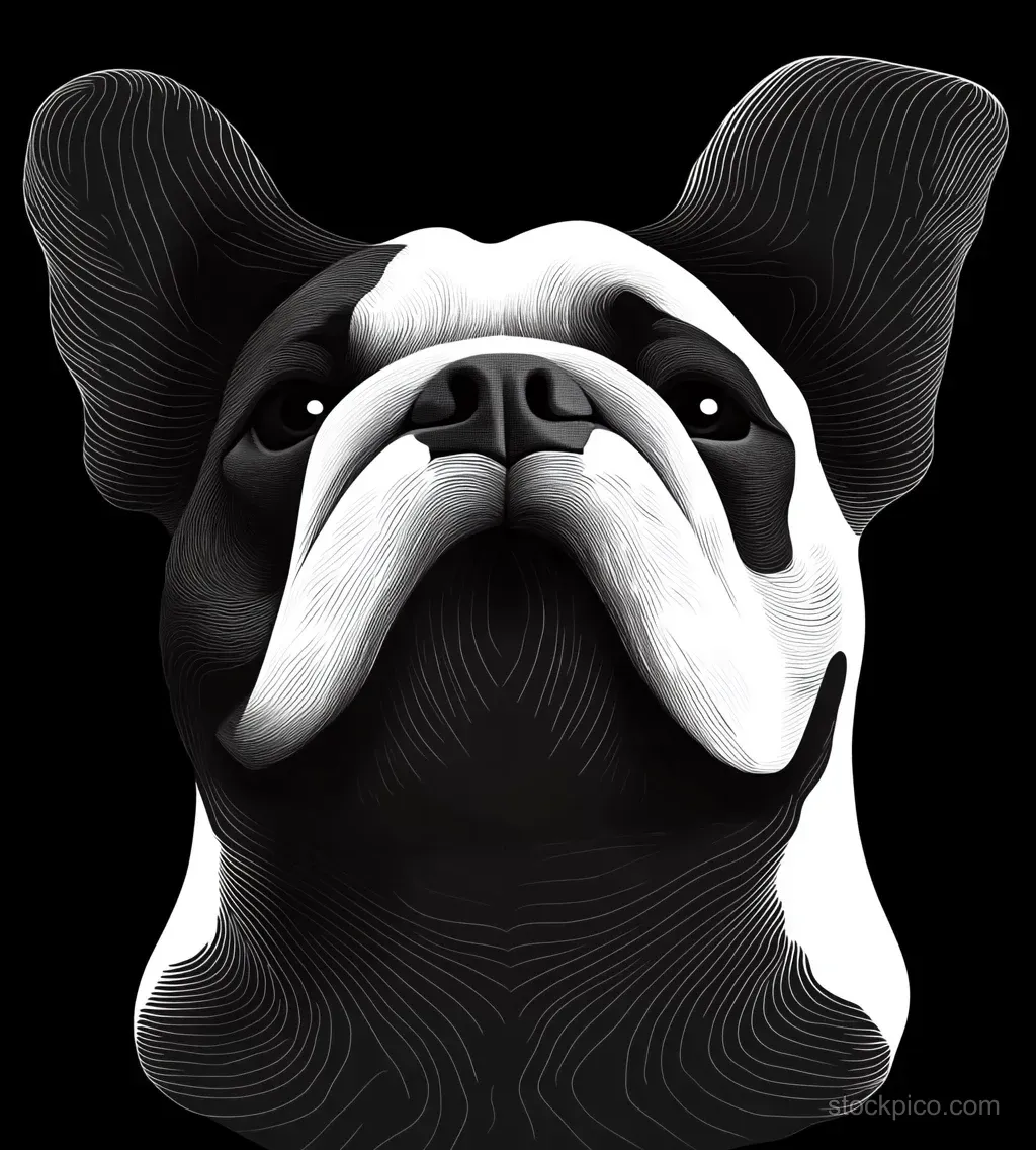 Black and white French bulldog face illustration with large ears and serious expression on a black background.