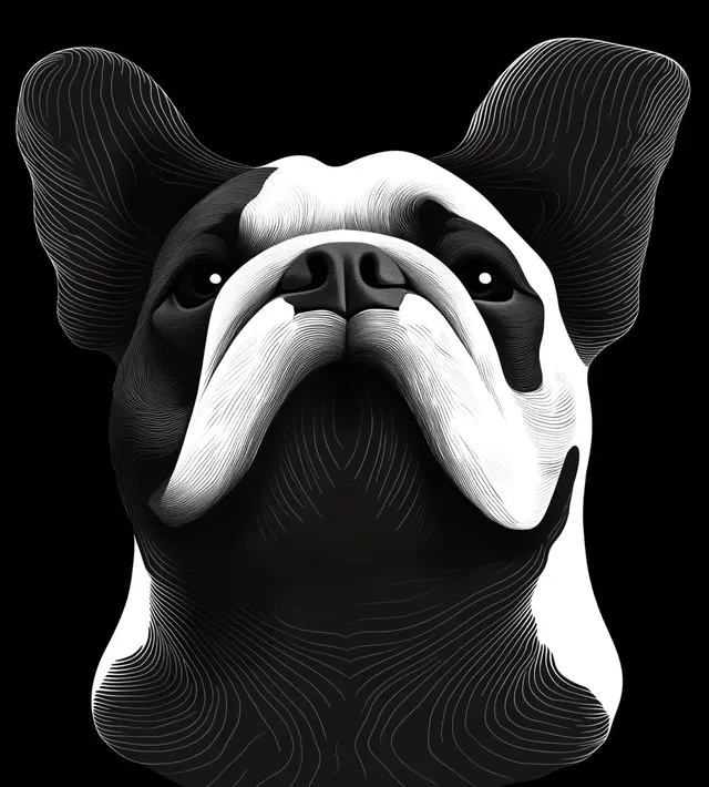 Black and white French bulldog digital portrait with large ears on dark background