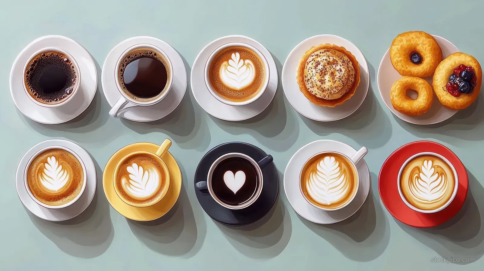 Top view of coffee cups with latte art hearts and leaves and four assorted donuts on a white plate.