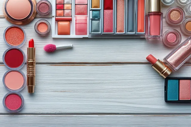 Lipstick tubes, eyeshadow shades, blush compacts, nail polish, and brushes are laid out around a wooden board.