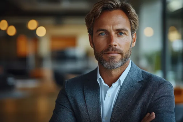 A suited businessman sits at a modern office desk near glass walls under bright lighting.