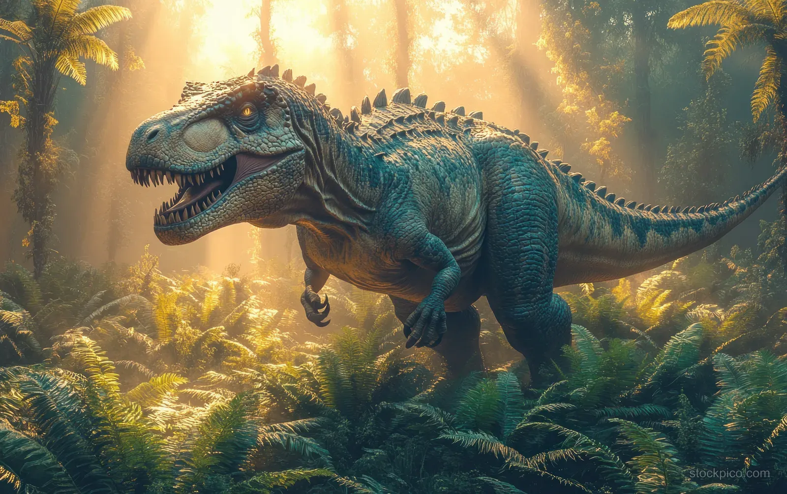 A Gallimimus dinosaur walks through a misty prehistoric jungle with fern plants and warm sunlight behind it.