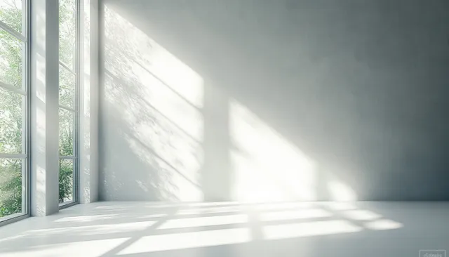 Minimalist interior room with large windows and sunlight beams creating soft geometric shadows on a clean floor.