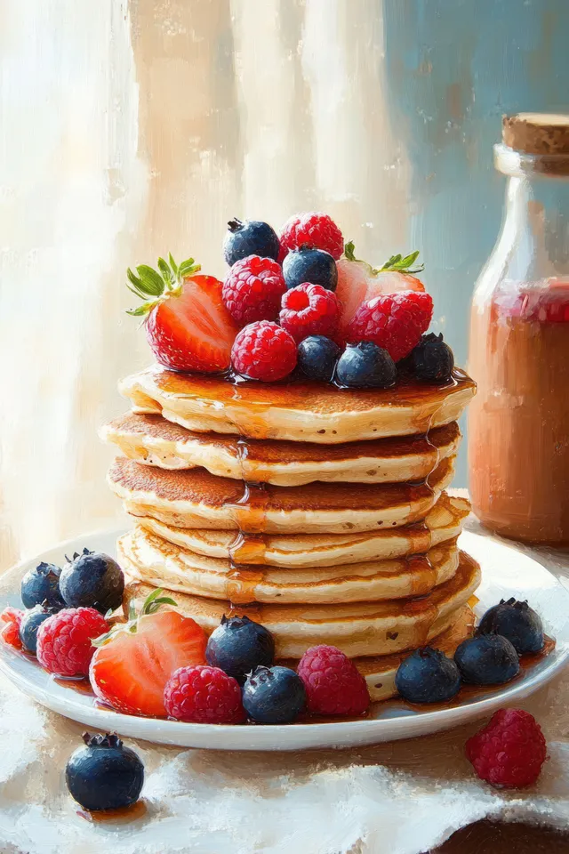 Fluffy pancakes on a white plate topped with mixed berries and maple syrup with a syrup bottle in the background.