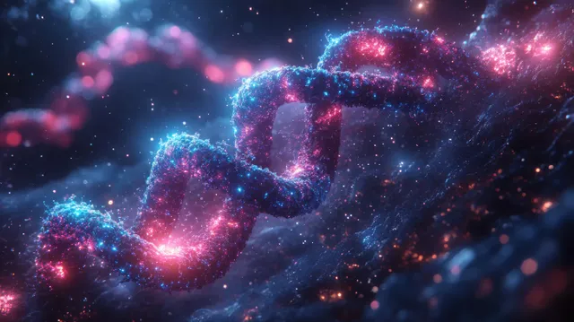 Fluorescent 3D DNA helix cluster surrounded by glowing nucleic fragments in a deep bioengineering background.