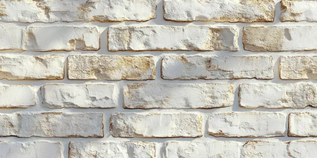 Weathered white brick wall close-up with chipped mortar and textured surface under natural light.