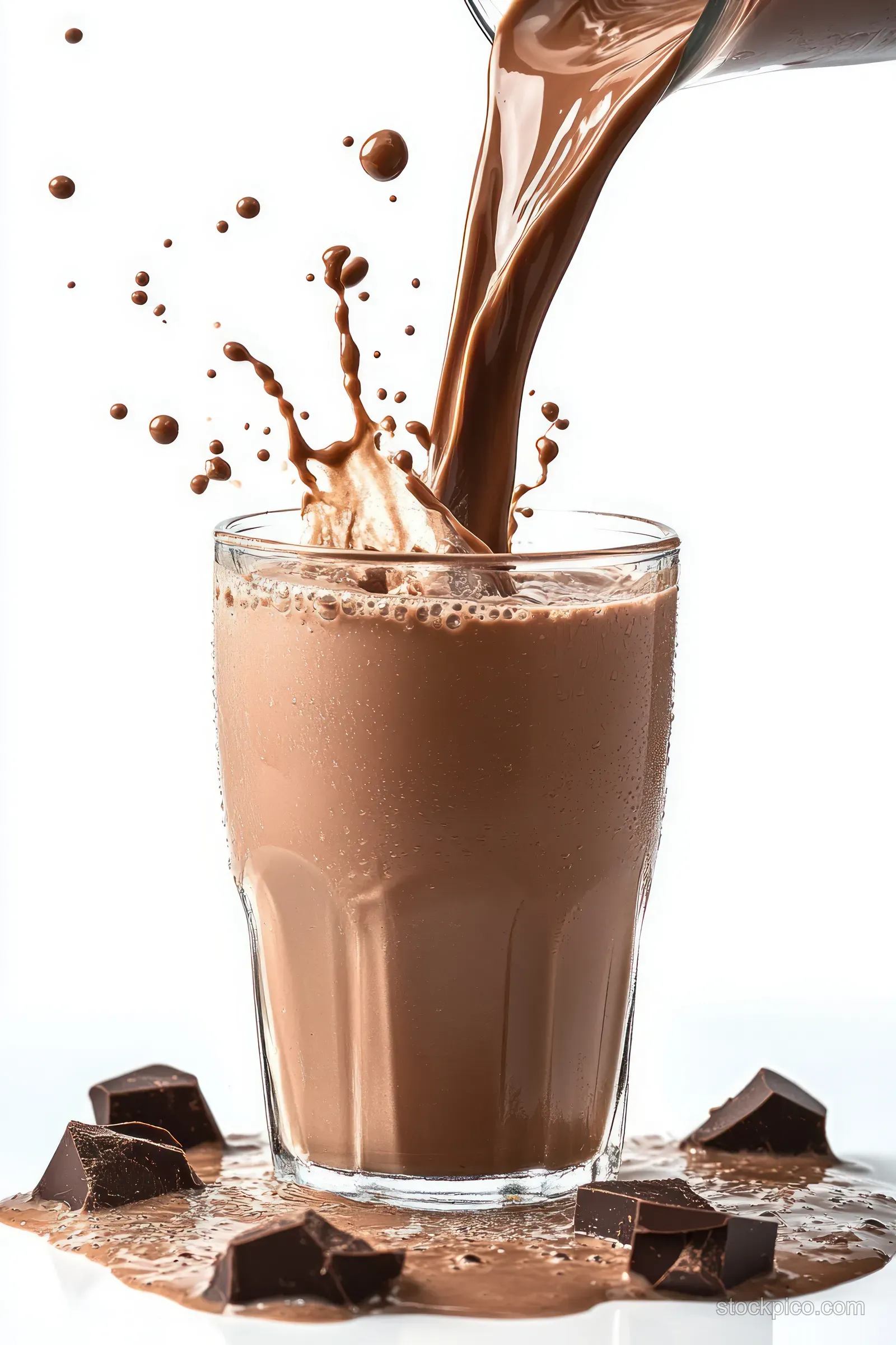 Creamy chocolate milk pouring into a glass with splash and chocolate pieces on a white background.
