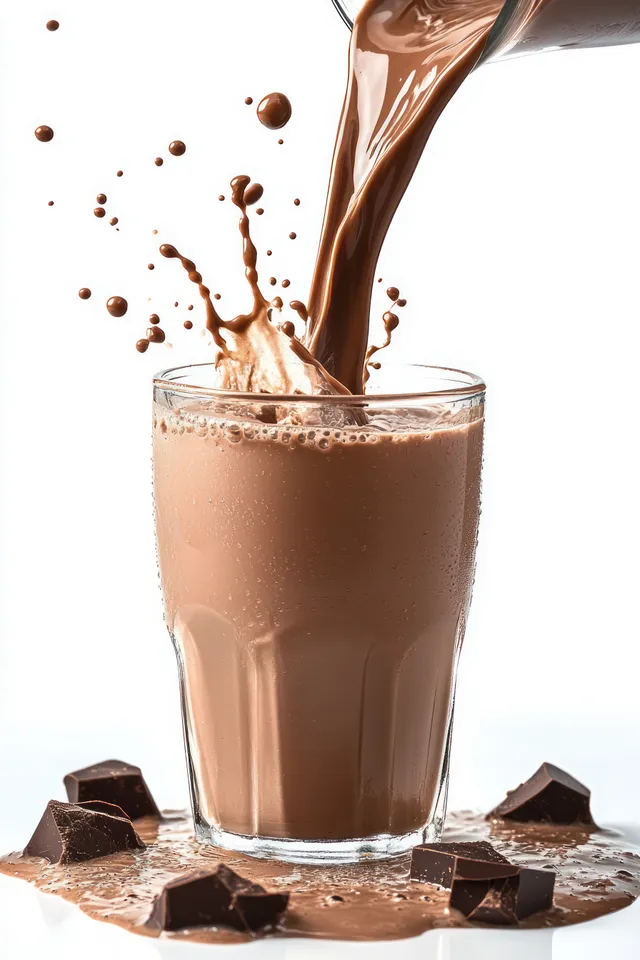 Creamy chocolate milk pouring into a glass with splashing droplets on white background with Food And Drink