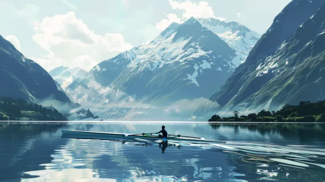 Single sculler drives forward on calm lake, mountains towering behind in New Zealand