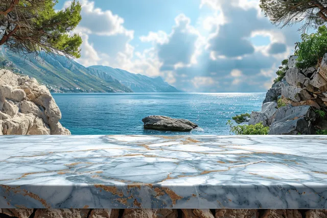 White marble tabletop on seaside terrace with blurred blue ocean and distant mountains