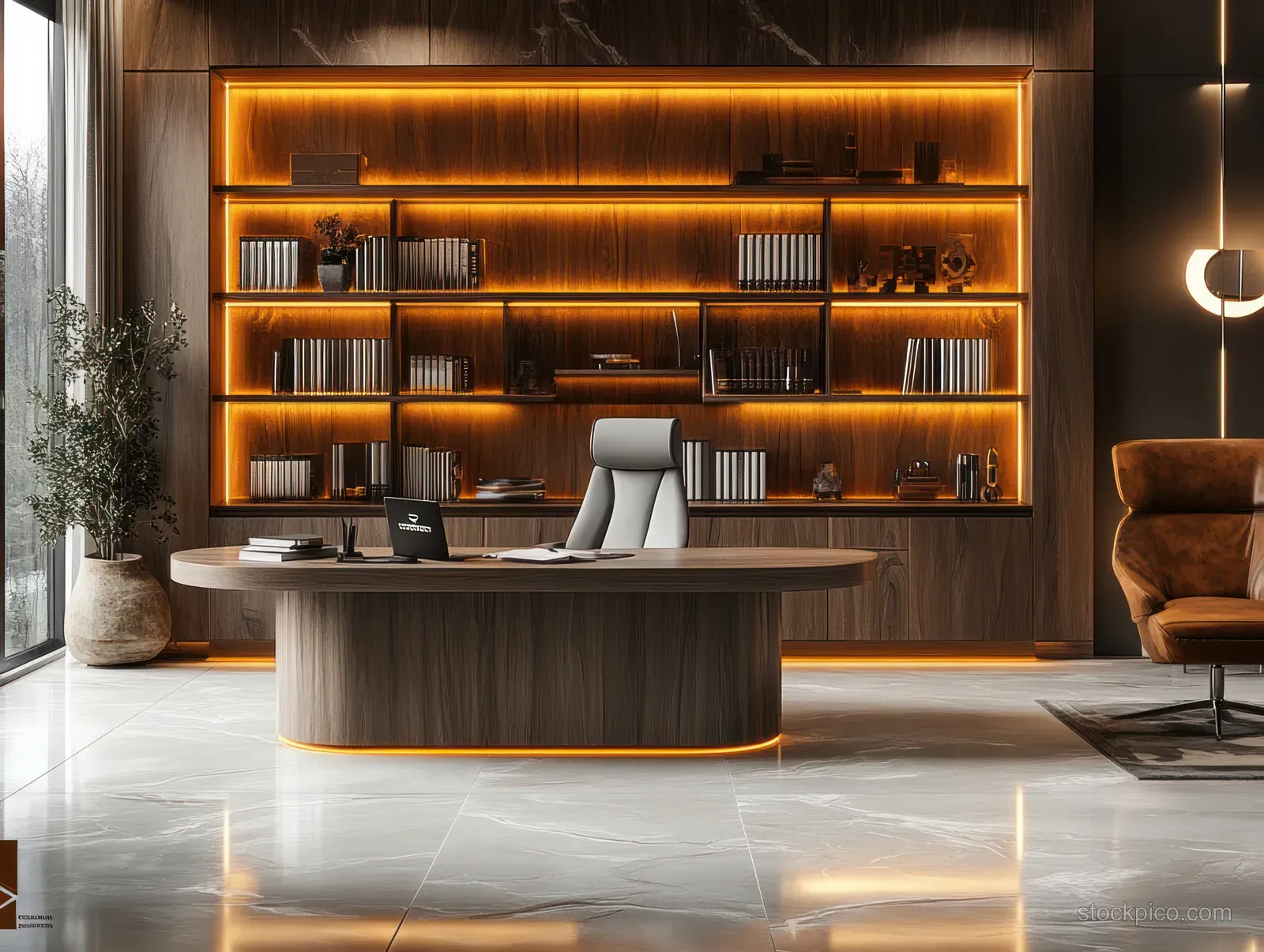 Minimalist office interior with glowing wooden bookshelf, modern desk, and warm Scandinavian-style lighting.