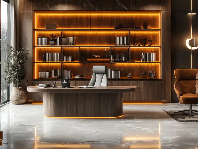 Minimalist office interior with glowing wooden bookshelf, modern desk, and warm Scandinavian-style lighting.