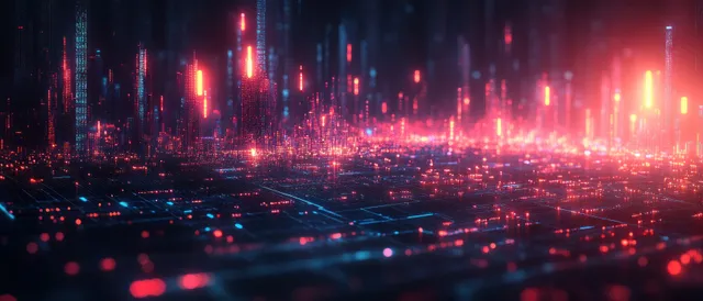 Neon dashboard interface displays glowing chart lines, data points, and vertical market bars over a dark futuristic background.