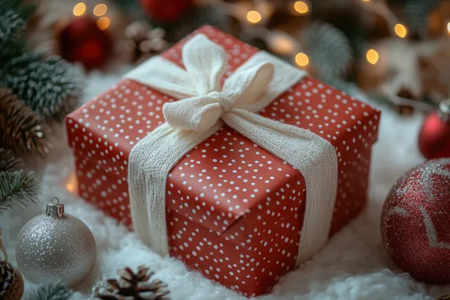A red holiday gift box with white ribbon on a snowy surface with pine sprigs and warm glowing lights behind it.
