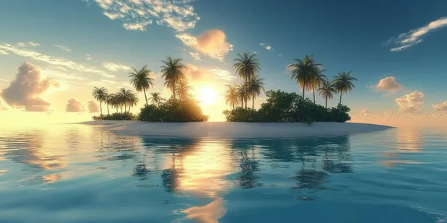 Small tropical island with palm trees reflecting on calm ocean at golden sunset with Partly Cloudy Sky