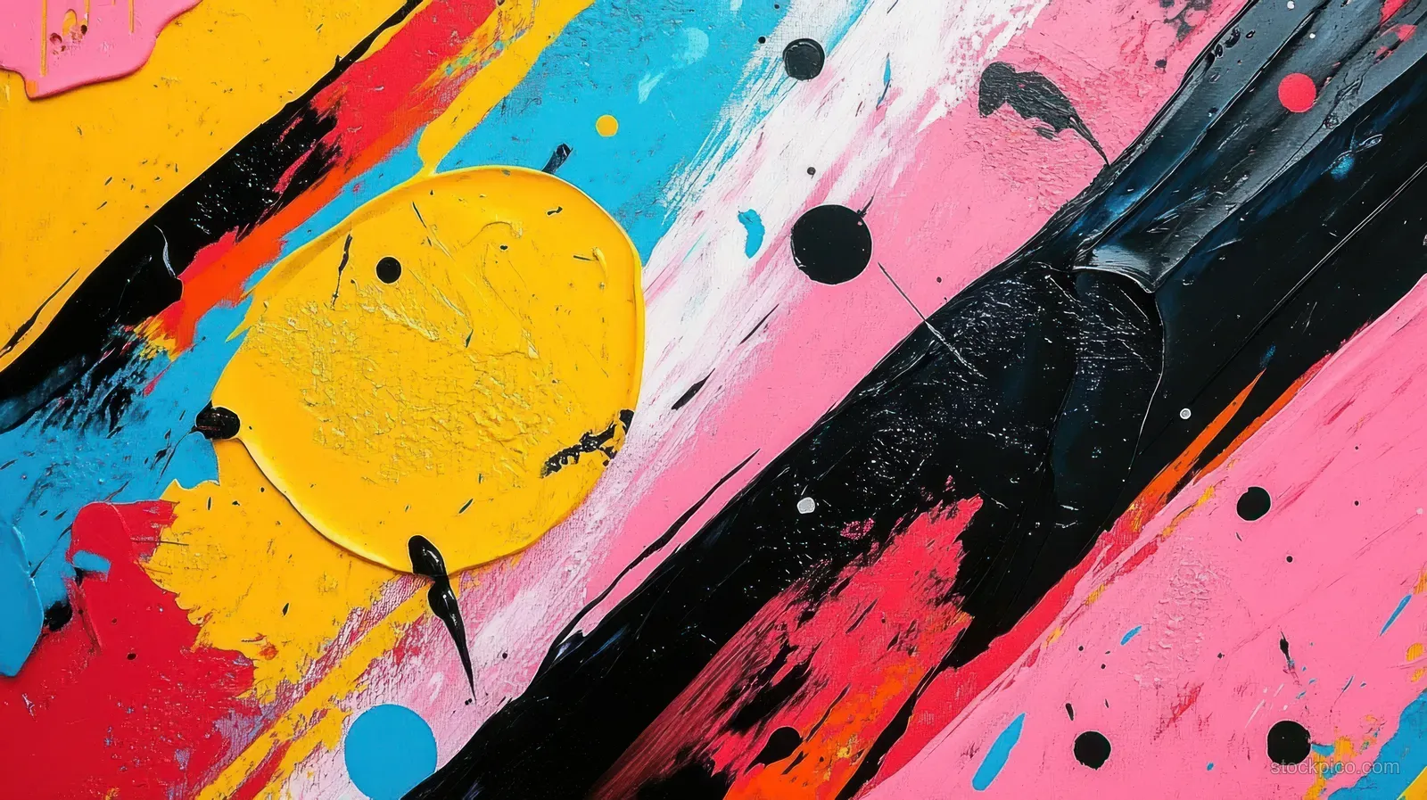 Abstract painting with yellow, pink, blue, and black paint streaks and splatters.