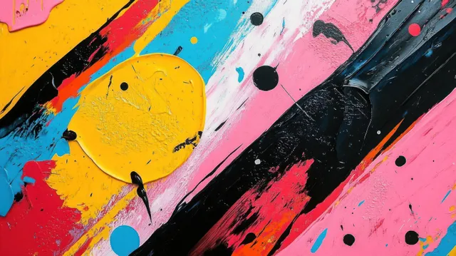 Bold abstract paint streaks and splatters with yellow, pink, blue, black