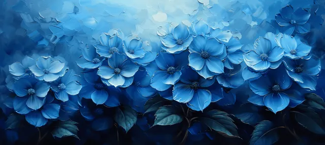Blue and violet hydrangea clusters bloom across the top of a spring garden painting with soft dusk light.