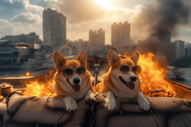 Two corgi dogs wearing sunglasses lounge on a yacht while flames burn in the background at sunset.