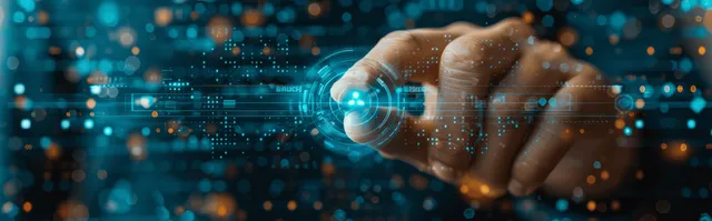 A businesswoman’s hand reaches into a glowing digital network with CRM-like data points and connection lines.