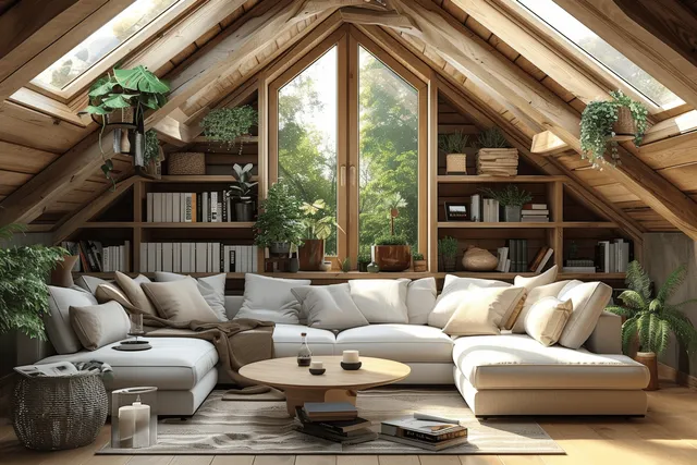 White corner sofas and rustic coffee table in a Scandinavian attic living room with wooden beams, bookshelves, plants, and skylights.