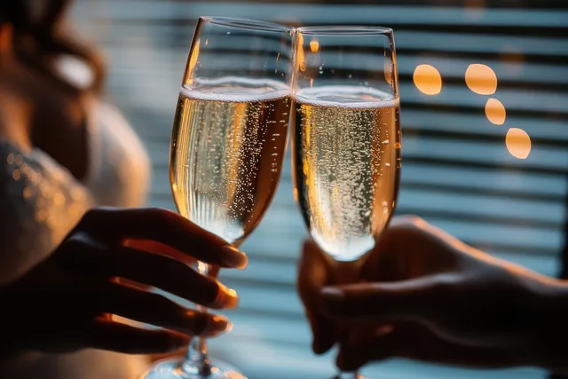 Two hands clink champagne flutes filled with sparkling golden drink in front of blurred window blinds.
