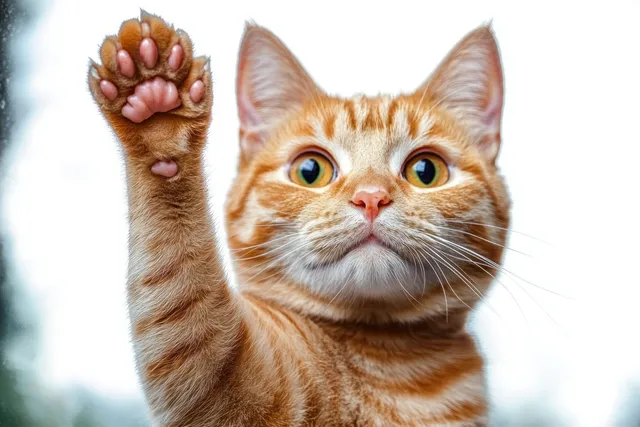 Orange tabby cat raising a paw toward camera, pink pads visible, bright blurred background