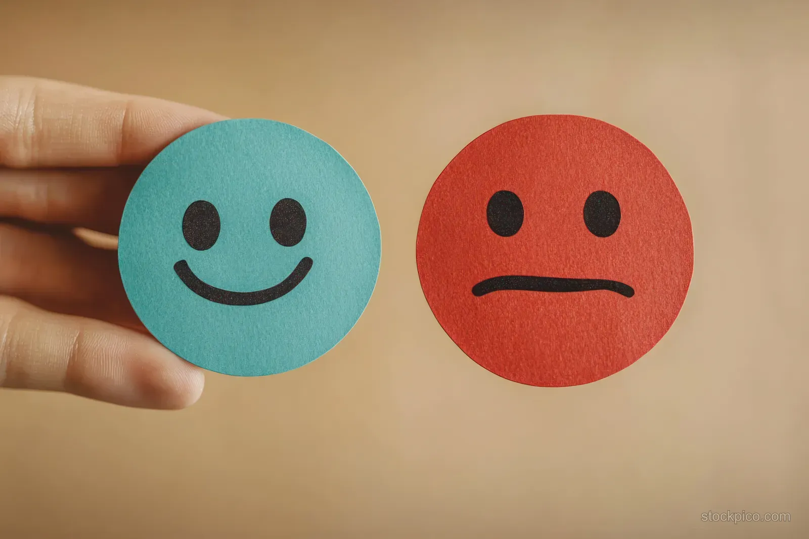 A hand holds a blue smiley paper circle beside a red frowning face circle on a beige background.
