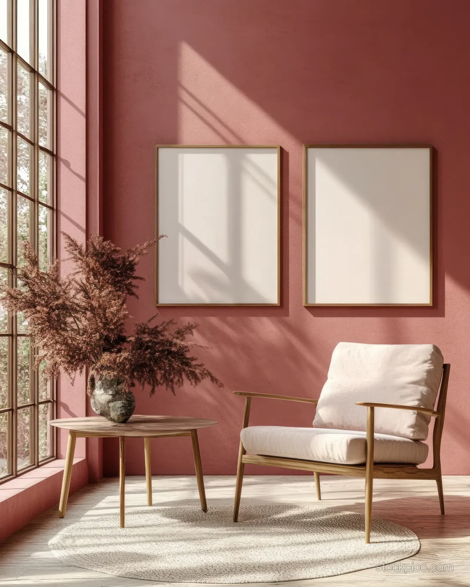 Minimalist pink-walled room with two framed pictures, a cream chair and side table, and sunlight from a tall window.