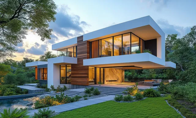A contemporary two-story house with large glass windows and white overhangs glowing with warm interior lights at sunset.