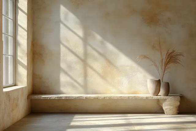 A sunlit peach beige room with a bench, textured wall, and two vases by the window.