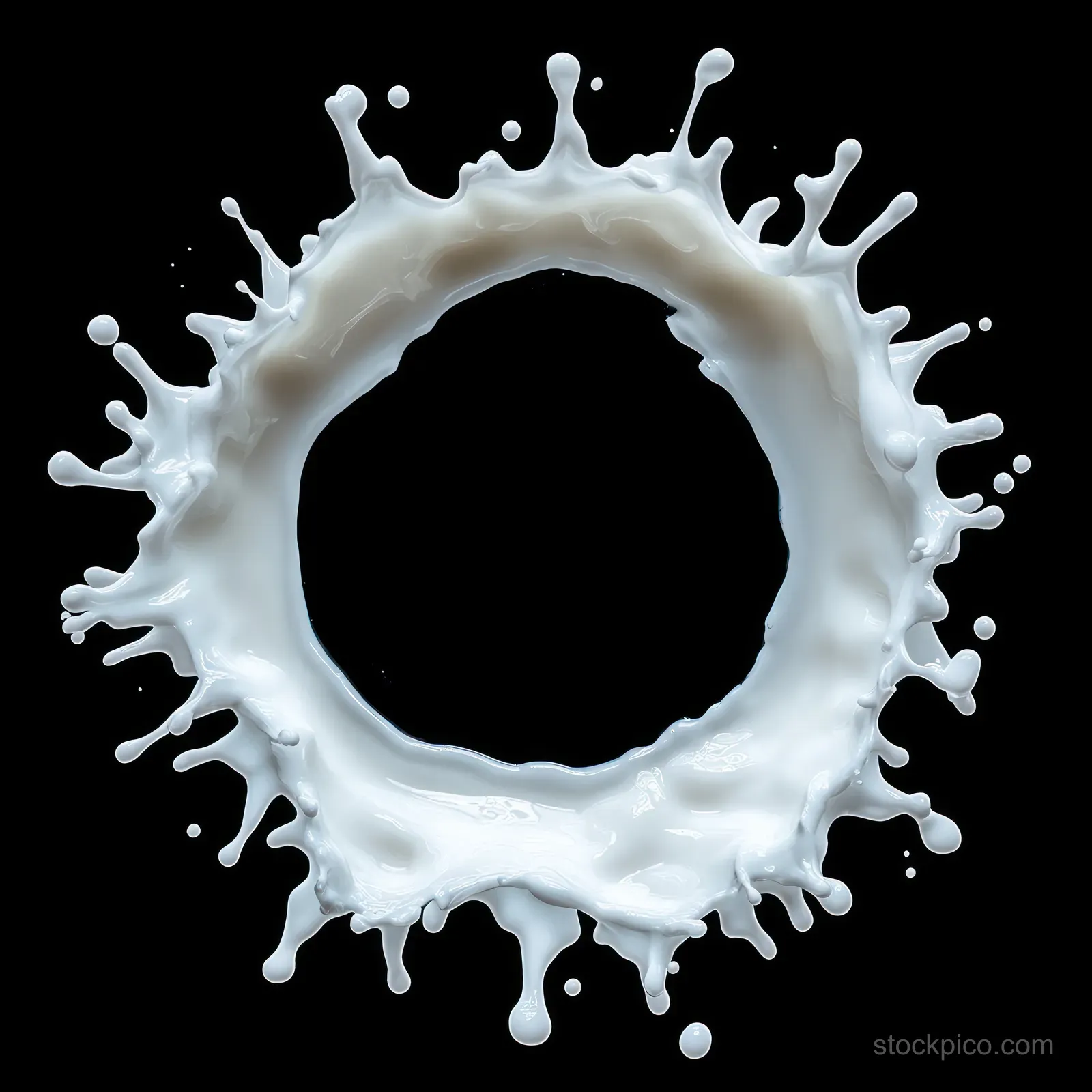 A circular splash ring of white milk-like liquid with droplets suspended midair against a black background.