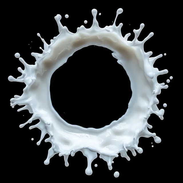 A circular splash ring of white milk-like liquid with droplets suspended midair against a black background.