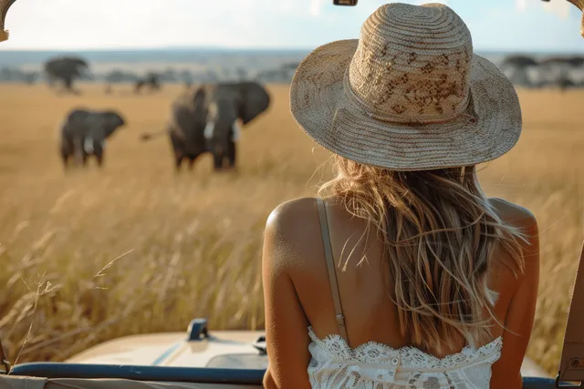 A woman in a straw hat watches elephants ahead from an open safari jeep in the savanna.
