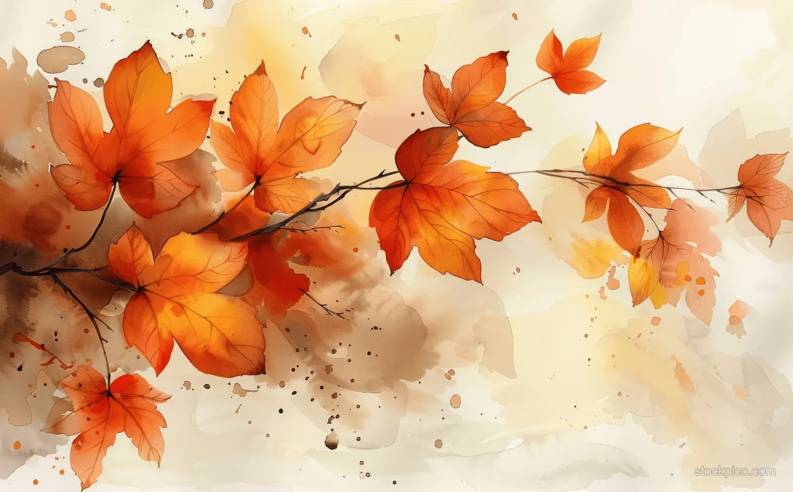Orange watercolor maple leaves scattered on a beige background with soft stains and paint splatters.