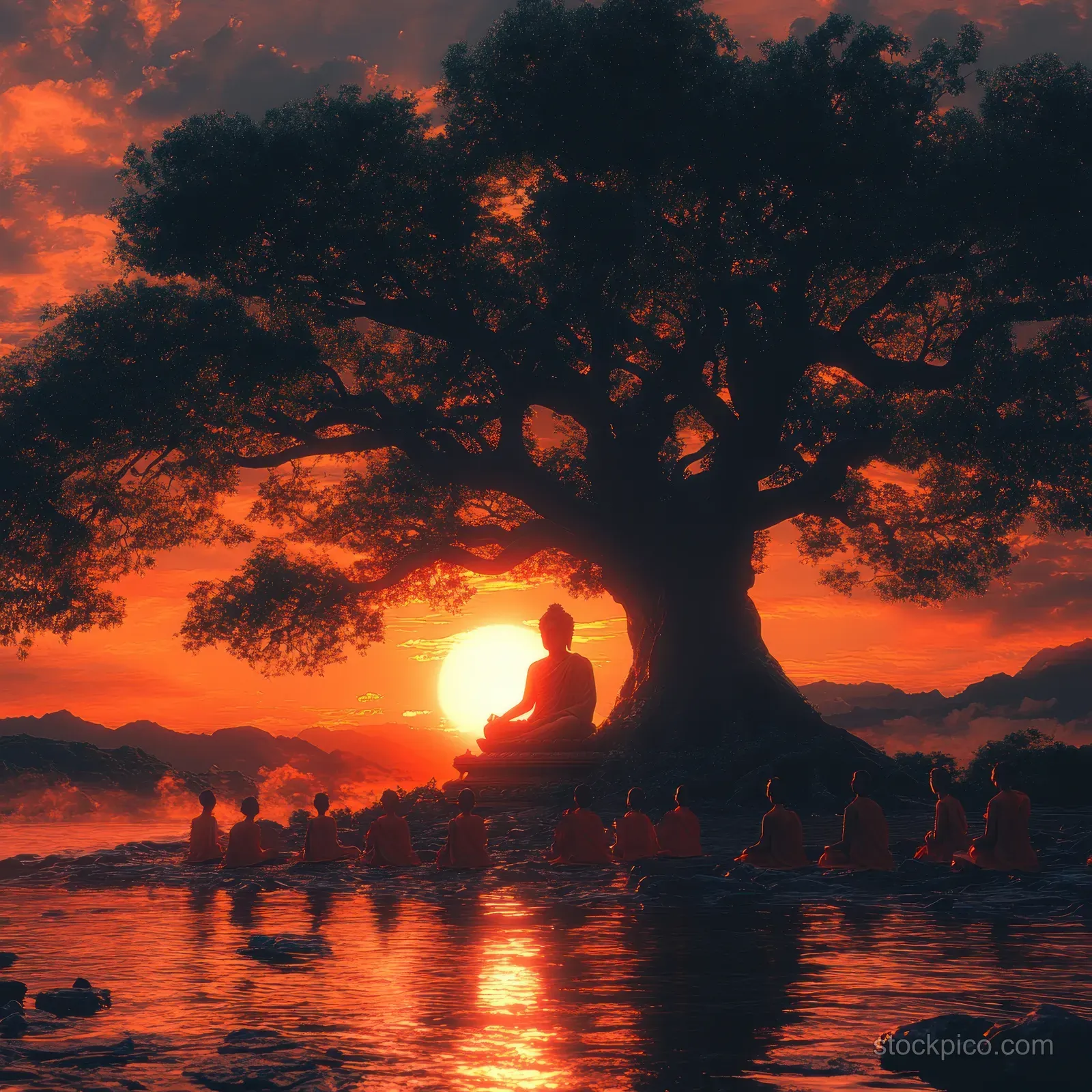 Glowing Buddha meditates under a large tree while children watch by a river at sunset.