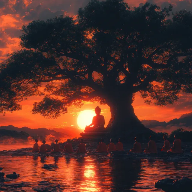 Glowing Buddha meditates under a large tree while children watch by a river at sunset.
