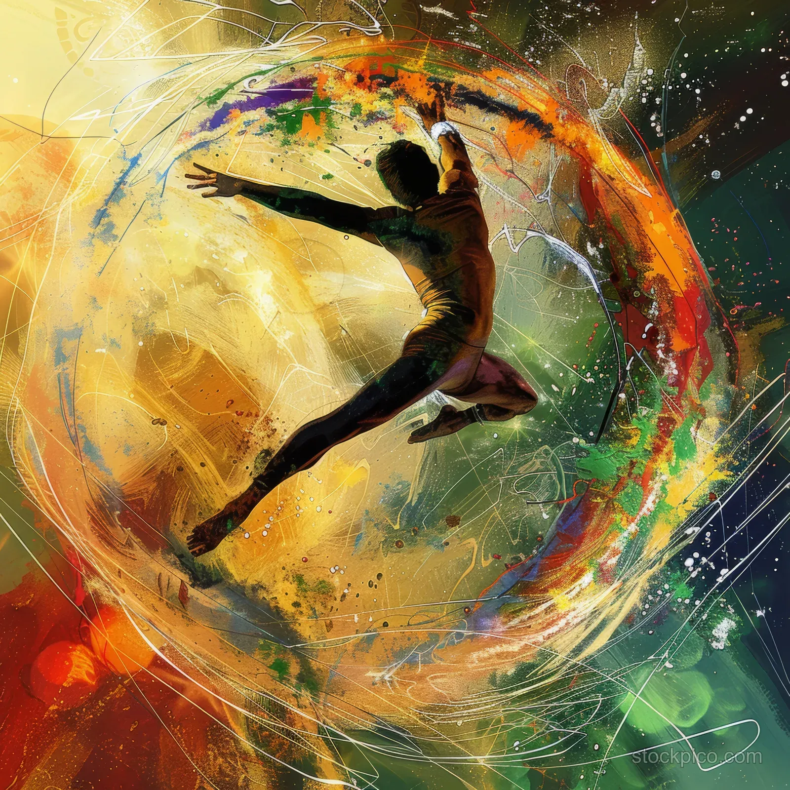 A male trampoline gymnast from Great Britain soars mid-air, showcasing athletic grace and balance against vibrant abstract colors.
