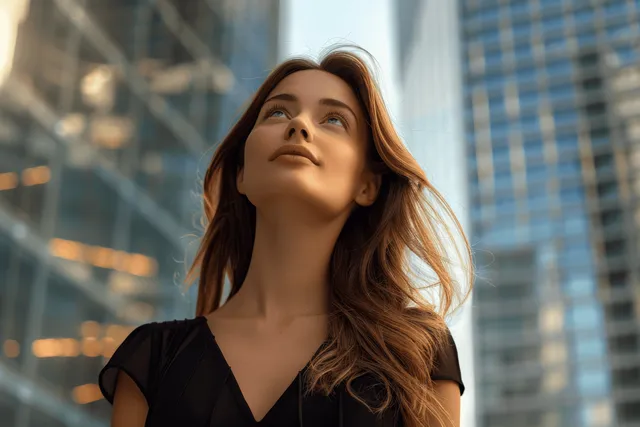 Young woman gazes upward between skyscrapers in a downtown glass-and-steel city