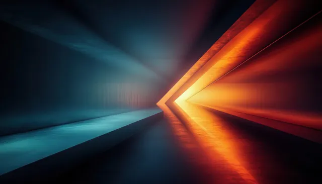 Futuristic light tunnel with blue and orange glow, diagonal geometric beams