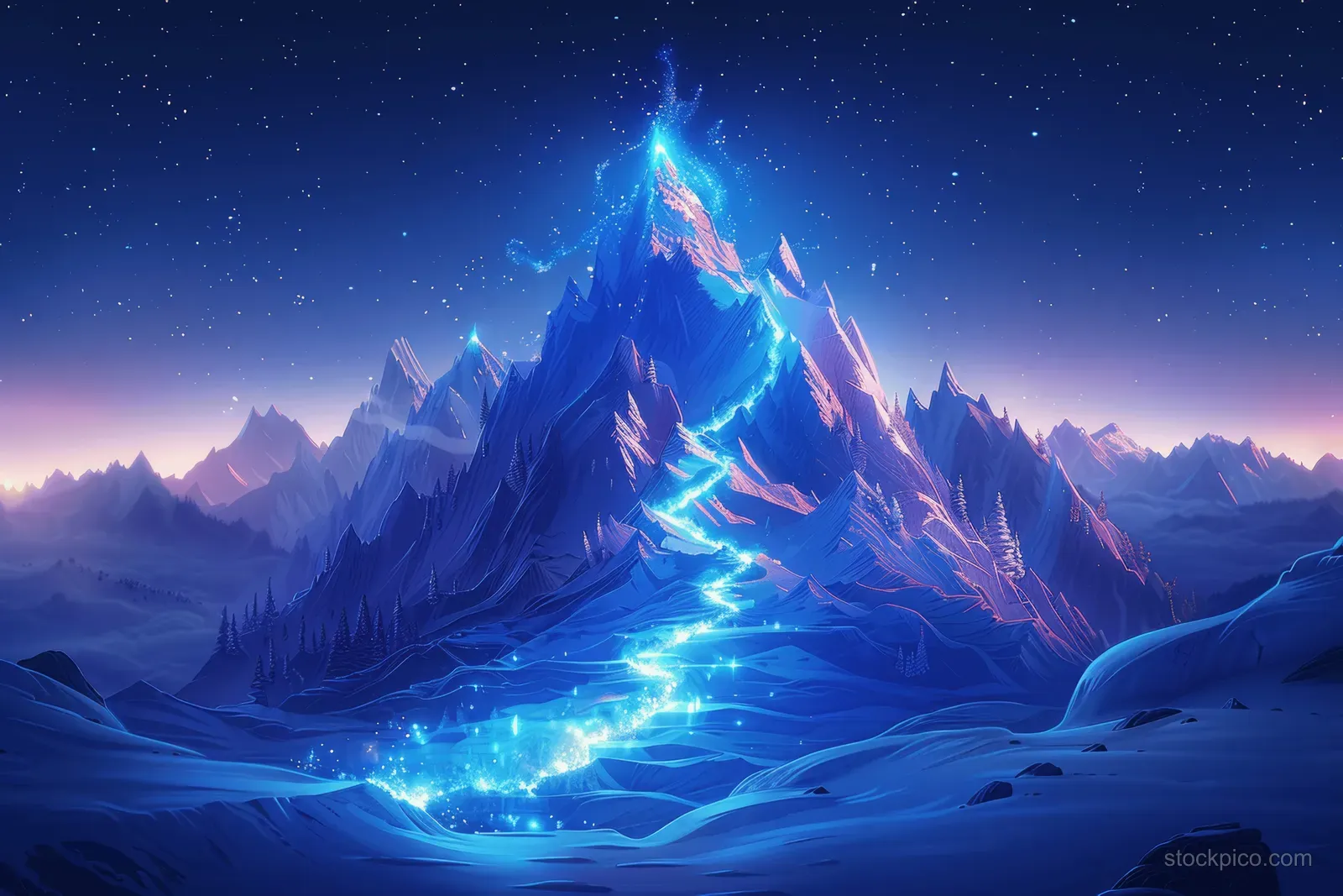 A blue-glowing energy trail curves across snow toward a luminous mountain peak at night.