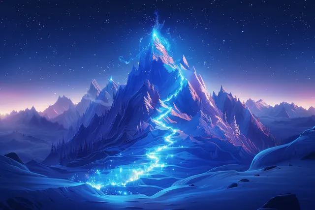 A blue-glowing energy trail curves across snow toward a luminous mountain peak at night.
