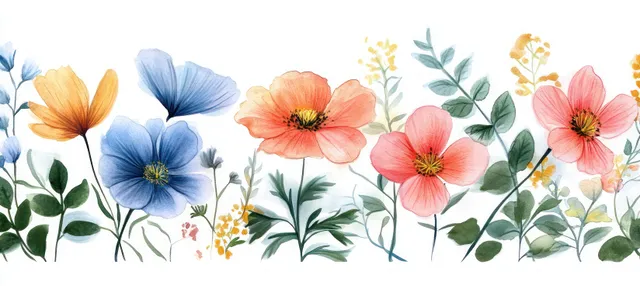 Watercolor wildflower bouquet with pink and blue blooms over white background and green leaves