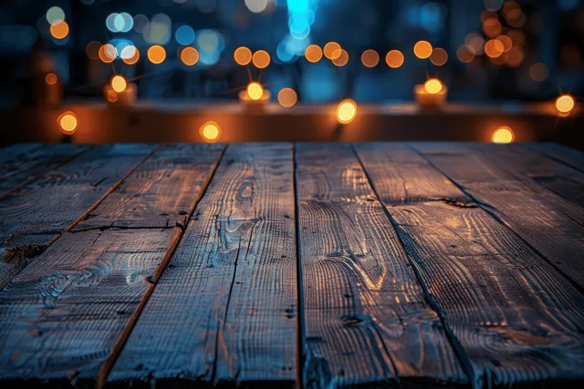 Dark wooden tabletop in the foreground with warm bokeh light dots blurred in a nighttime bar setting.