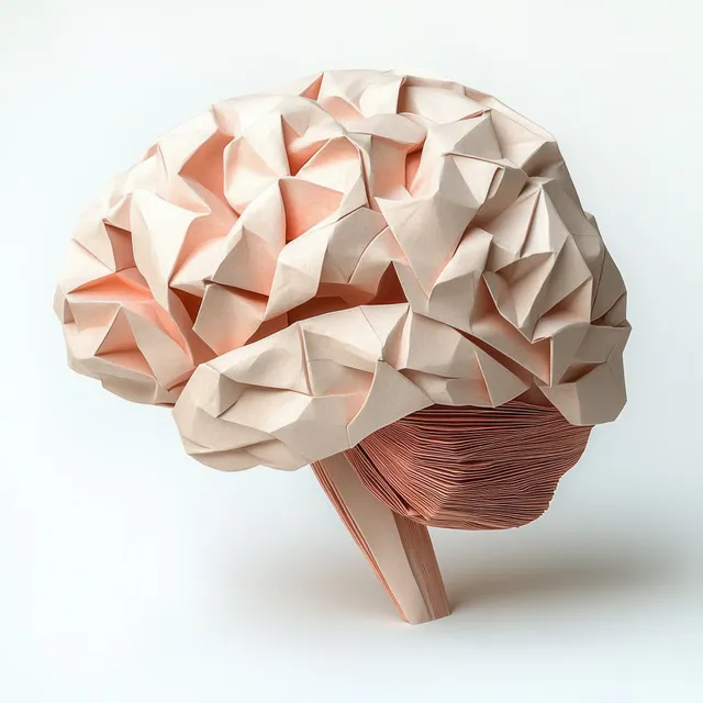 Folded paper craft sculpture of a human brain with intricate layered folds on a white background.